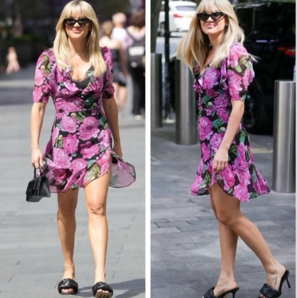 THE KOOPLES Winter Peonies Floral Print Short Sleeve  Ruffled Mini Dress Large - Picture 1 of 14